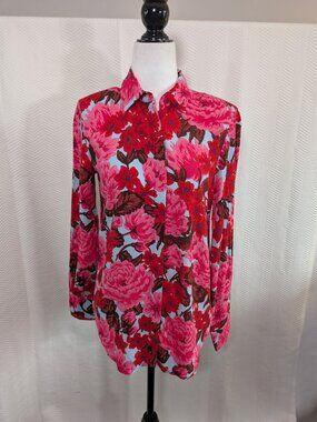 ZARA Floral Button-Down Blouse Pink Red Aqua Size XS Shoulder Pads Feminine